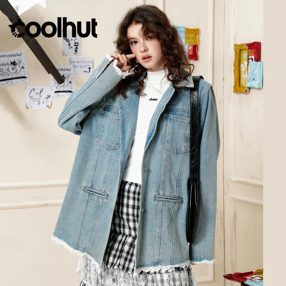 COOLHUT Lace Trim Patchwork Oversized Pocket Fall Womens Denim Jacket Autumn MidLength American Casual Vintage Outerwear 251231
