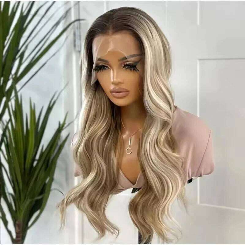 28 Inch Long Body Wave Synthetic Wig Mixed Brown and Platinum Blonde Color Ombre Lace Front Wigs for Women Blend European Hair