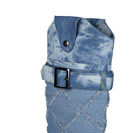 Chengdu Craftsmanship Washed Denim Knee High Boots 8.5cm Wedge Heel Pointed Toe Belt Buckle Boots