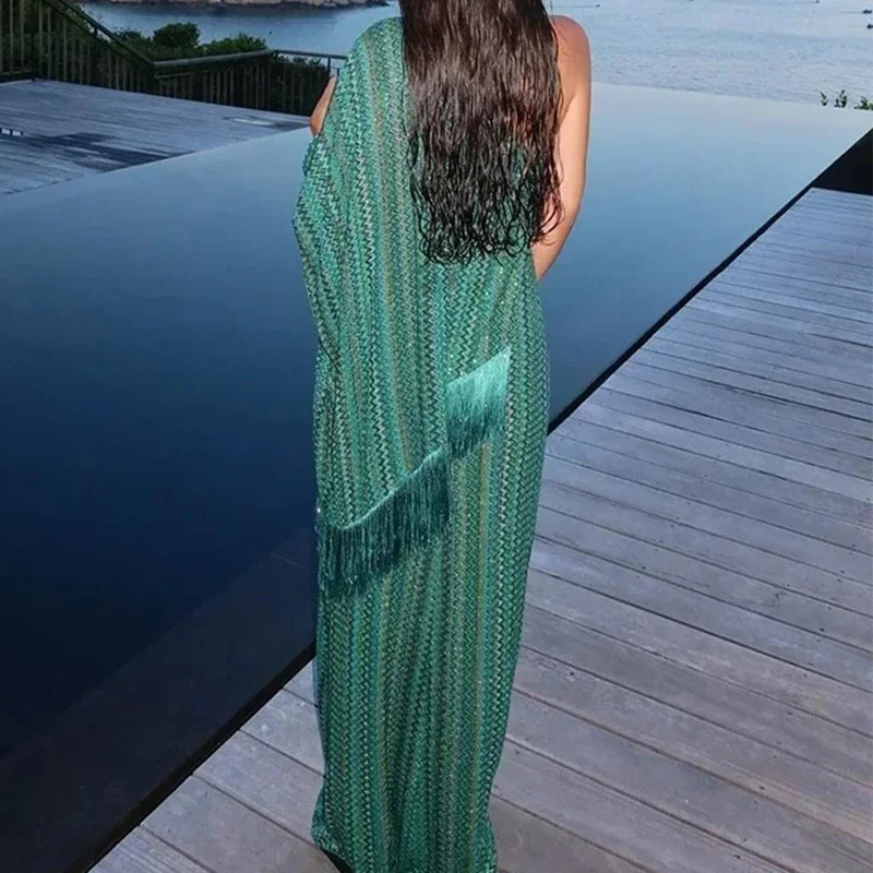 Elegant Tassel Stripe Long Dresses for Women Sexy Off Shoulder with Scarf Sleeve Vintage Dress Fashion Party Vestidos 251231