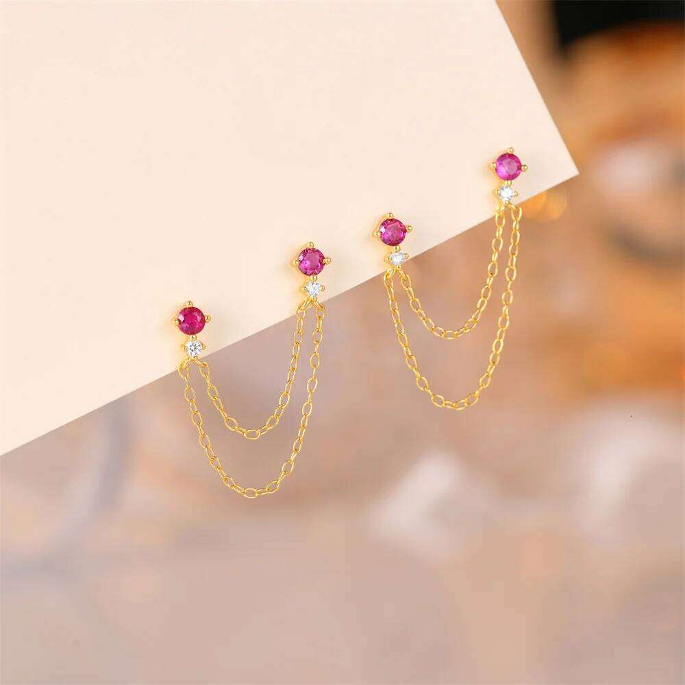 Aide 925 Sterling Silver Dual Chain Tassel Colored Zircon Two Stud Earrings For Women Elegant Piercing Bohemian Jewelry Gift