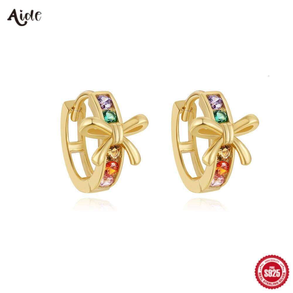 Aide 925 Sterling Silver Bow Inlaid Colored Zirconia Hoop Piercing Stud Earrings For Women K Gold Simple Bohemian Jewelry
