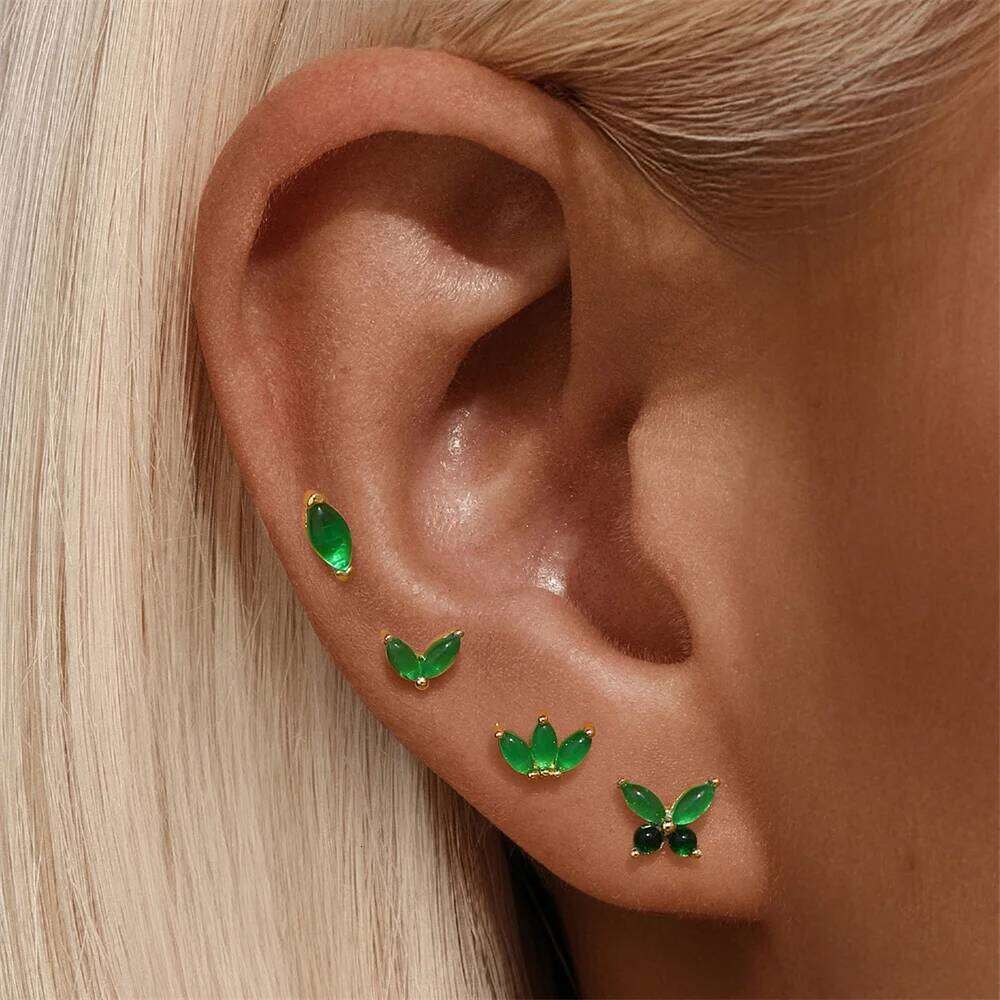 Aide 1PC 925 Sterling Silver 18K Gold Threaded Piercing Earring Women Ins Green Red Colors Zircon Ear Bone Nail Gift Jewelry