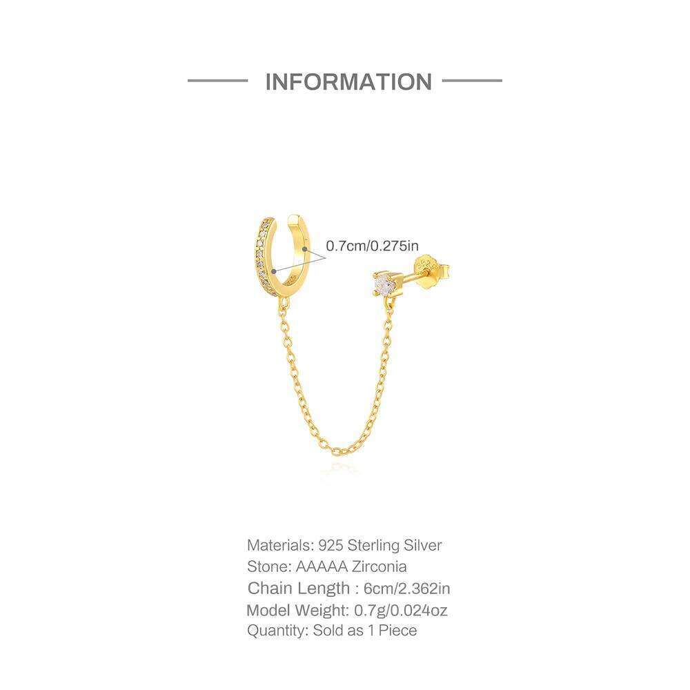 Aide 925 Sterling Silver Double Chain Ear Studs Micro Crystal Huggie Earrings Party DIY Jewelry Piercing Creative Earlobe Hoops