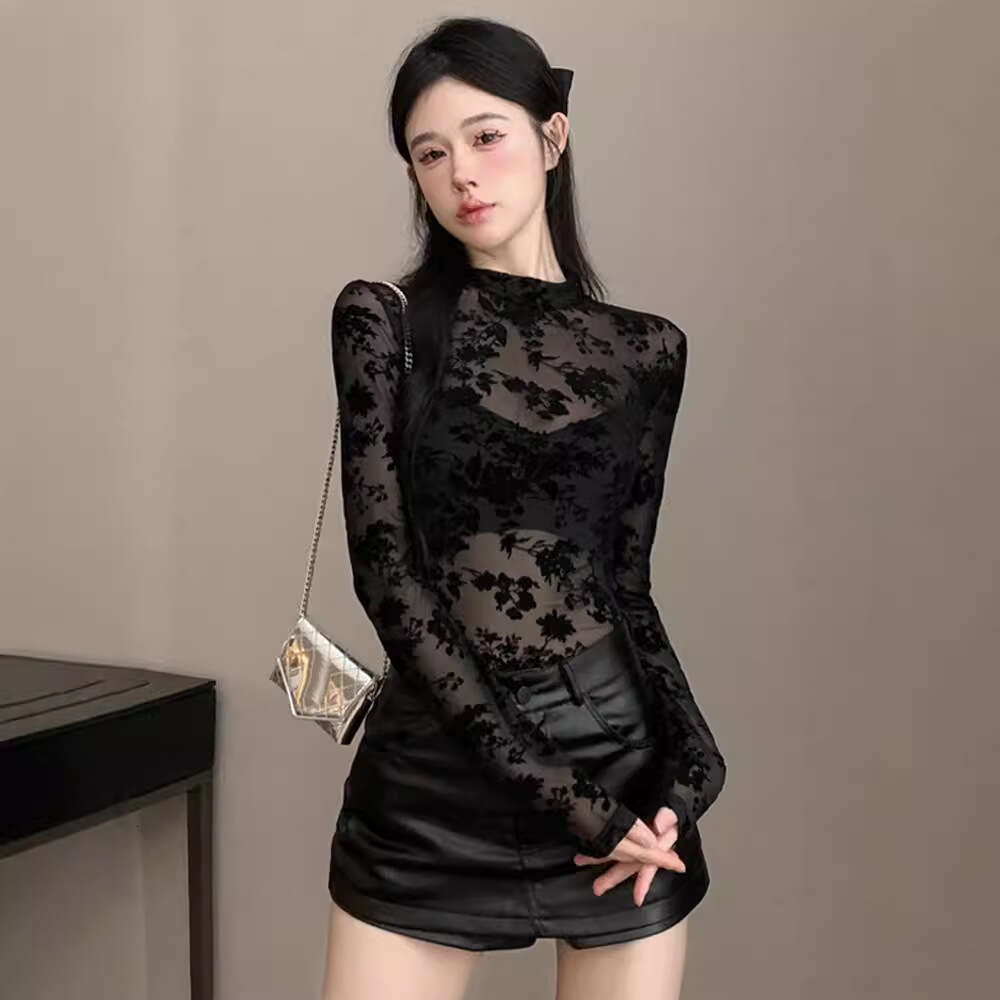 Half High Collar Sexy Hot Girl Style Slightly See-through Bodysuit T-shirt Women Spring and Autumn Flocking Mesh Slimming Stretch Long Sleeve Top