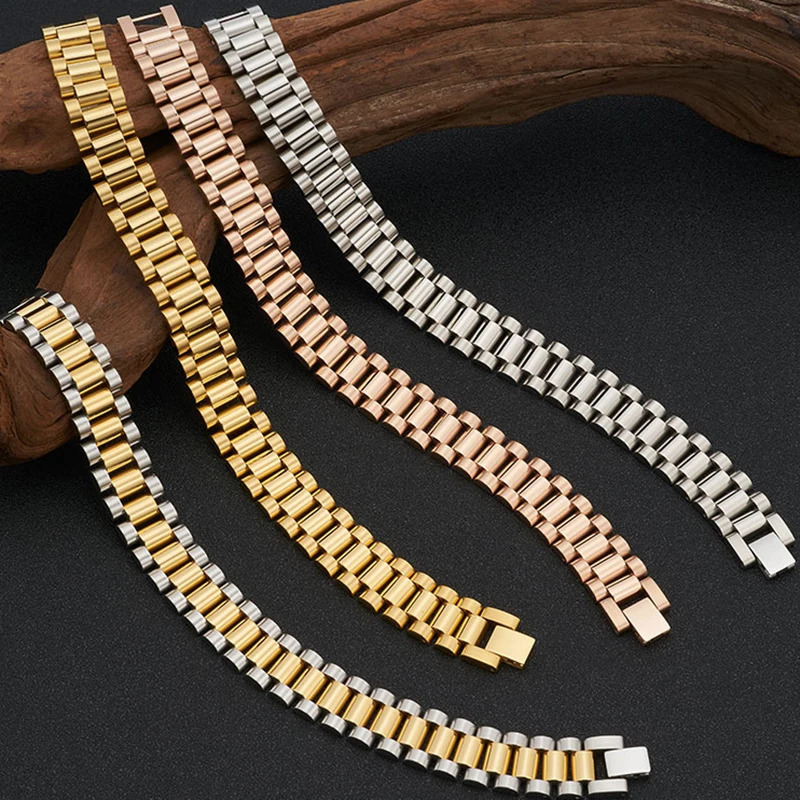 15MM Wide Watch Chain Style Wristband Man Bracelet For Men Waterproof Gold Color Stainless Steel Boys Jewelry Wholesale 251230