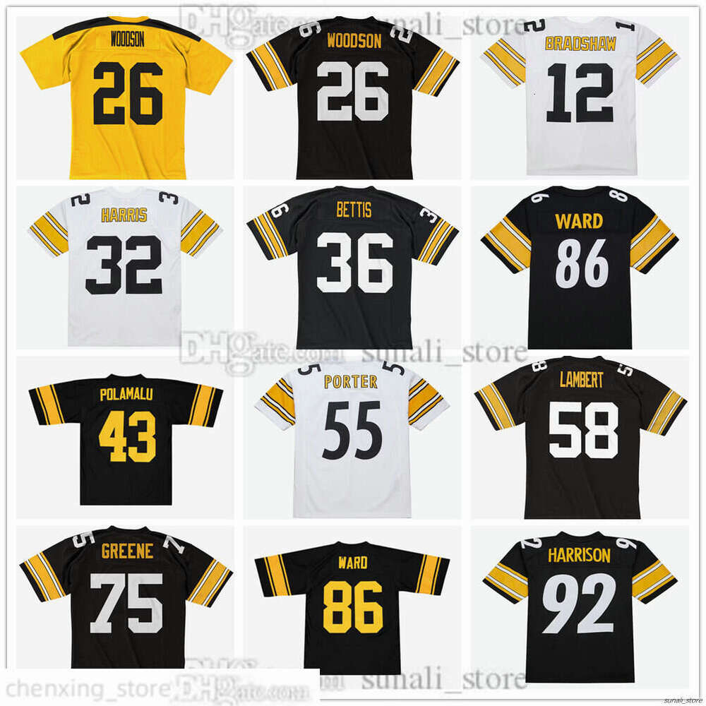 S-6XL Vintage Football Jersey 12 Terry Bradshaw 26 Rod Woodson 32 Franco Harris 43 Troy Polamalu 58 Jack Lambert 75 Joe Greene 86 Hines Ward 92 James Harrison Stitched