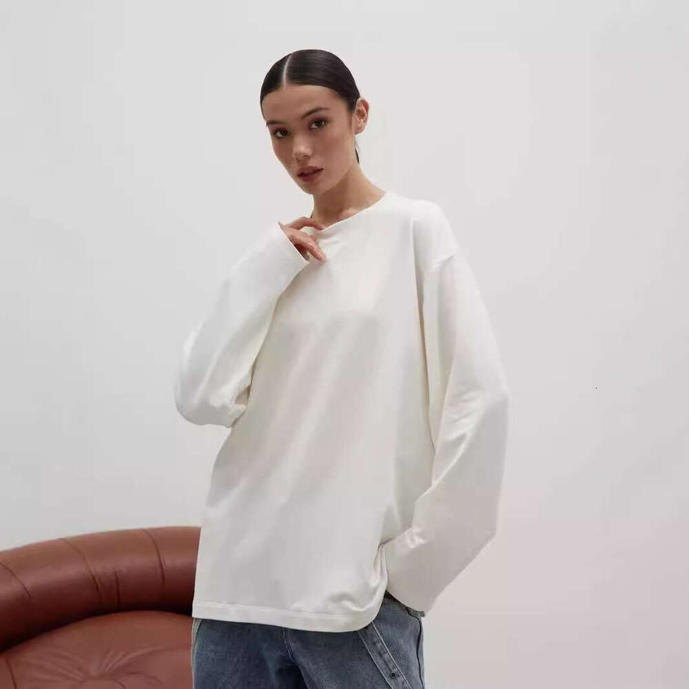 260g Combed Cotton Solid Color Long Sleeve T-Shirt for Women, European and American Style, Cross-Border Hot Sale, Loose Casual Round Neck Top, High Qu