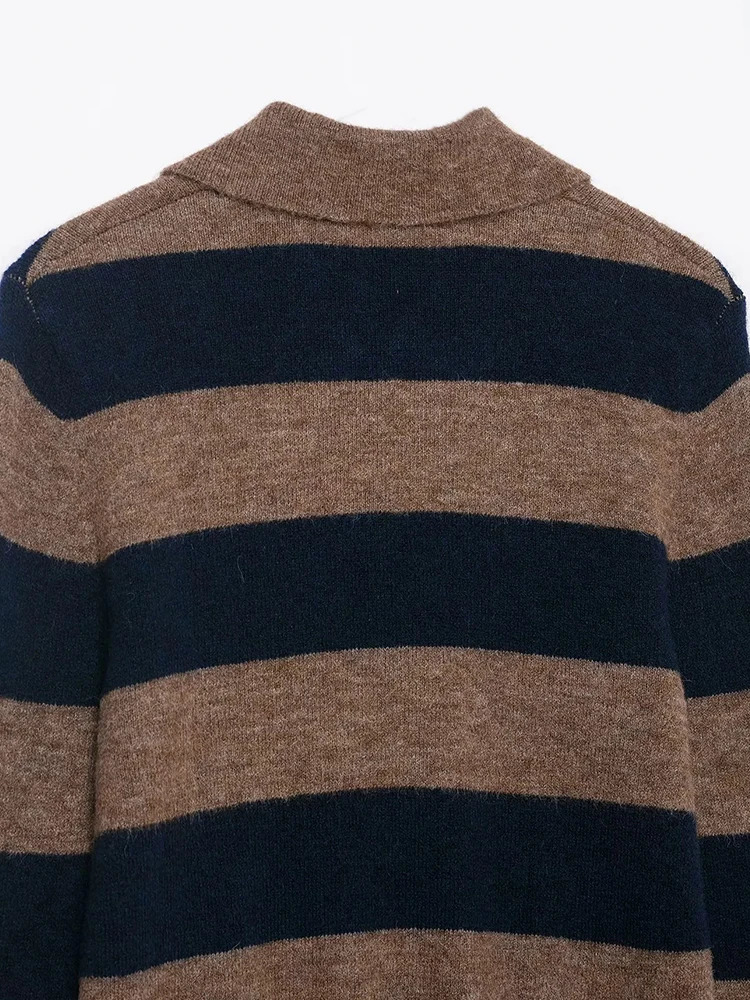 Womens Contrast Striped Knit Cardigan Autumn And Winter Loose Short Sweater Coat Color Matching 251229