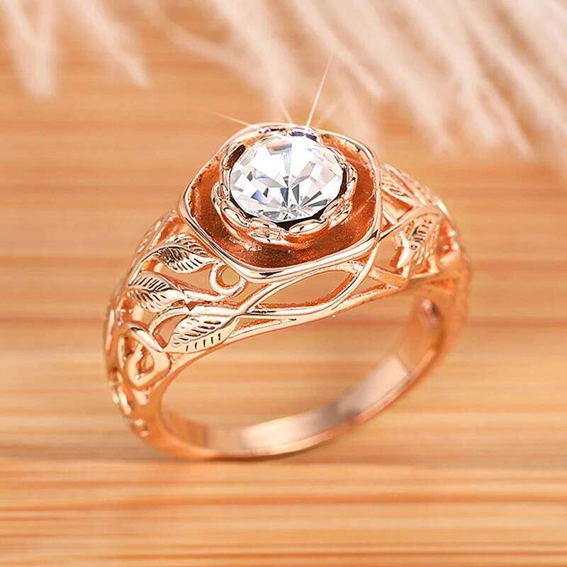 Huitan Aesthetic Rose Gold Color Flower Ring Female Engagement Accessories with Bright Zirconia Graceful Wedding Band Jewelry