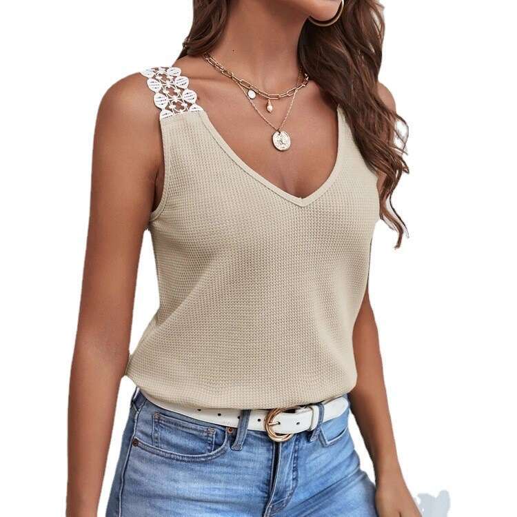 2026 European and American New Women's Solid Color Casual Lace Waffle Patchwork Tank Top T-Shirt