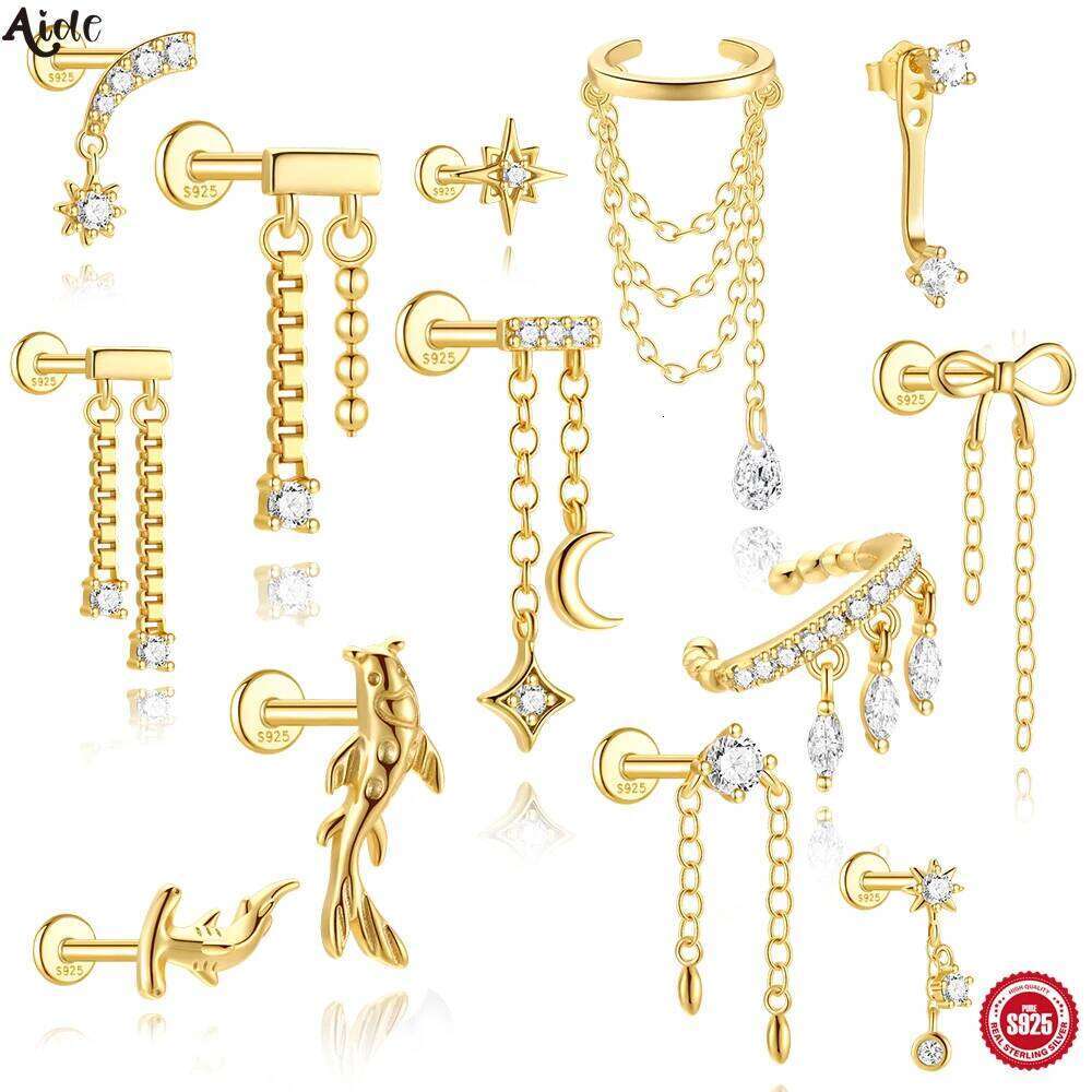 Aide 925 Sterling Silver Fashion Shark Stud Earrings for Women Luck Fish Screw Cartilage Helix Tassel Girls Piercing Accessories