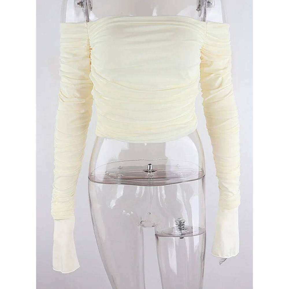 Mesh Patchwork Women Long Sleeve Crop T Shirt Ruched Off Shoulder Bodycon Sexy Elegant Streetwear 2024 Spring Summer