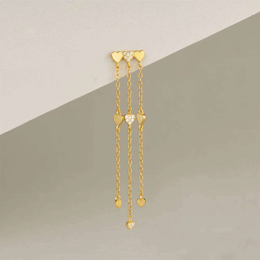 Aide 1pc 925 Sterling Silver Genuine Three Golden Love Heart Long Chain Drop Earring for Women Korean Ear Line Jewel