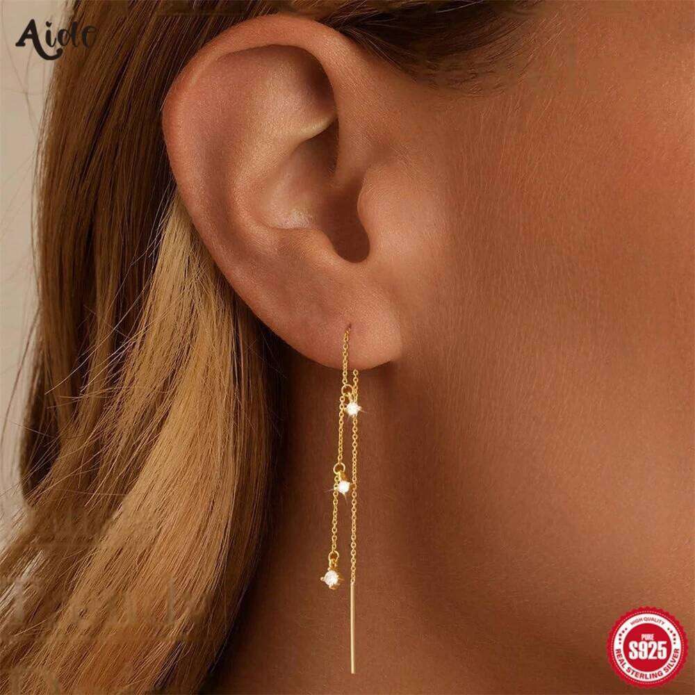 Aide 925 Sterling Silver 18K Gold Color Wire Tassel Chain Bling Zircon Pendants Earrings Hanging Female Stud Jewelry Pendientes