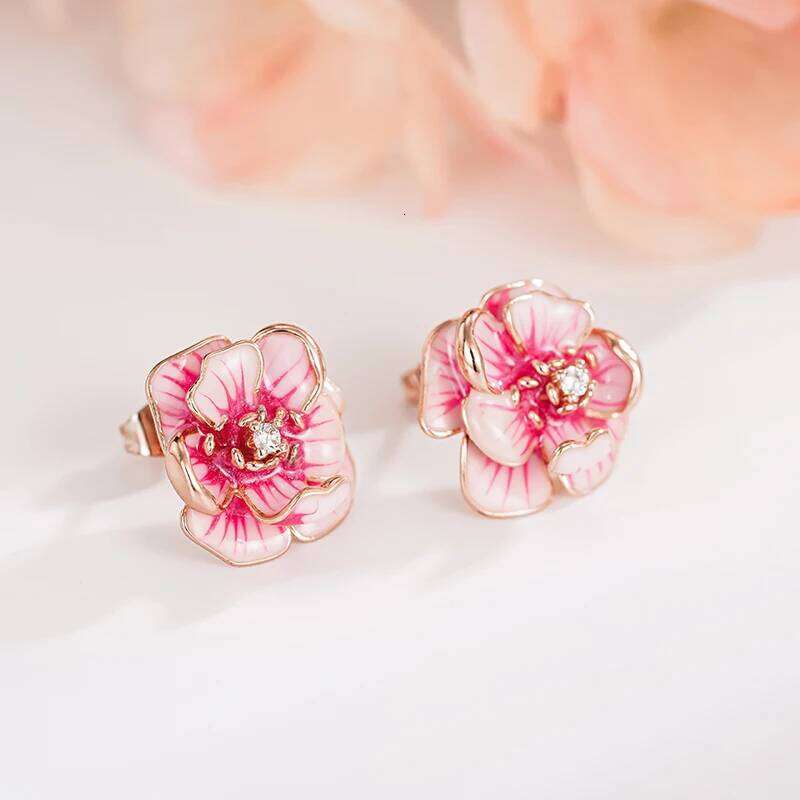 Huitan Sweet Pink Flower Stud for Women Handmade Enamel Rose Gold Color Aesthetic Female Ear Earrings Statement Jewelry