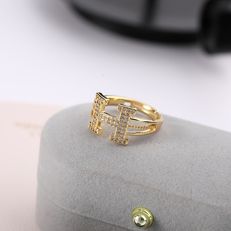 Luxury Brand Designer Jewelry Exaggerated Personality European And American Fashion Zircon Letter H Ring Korean Version High-End Niche Personality Ope