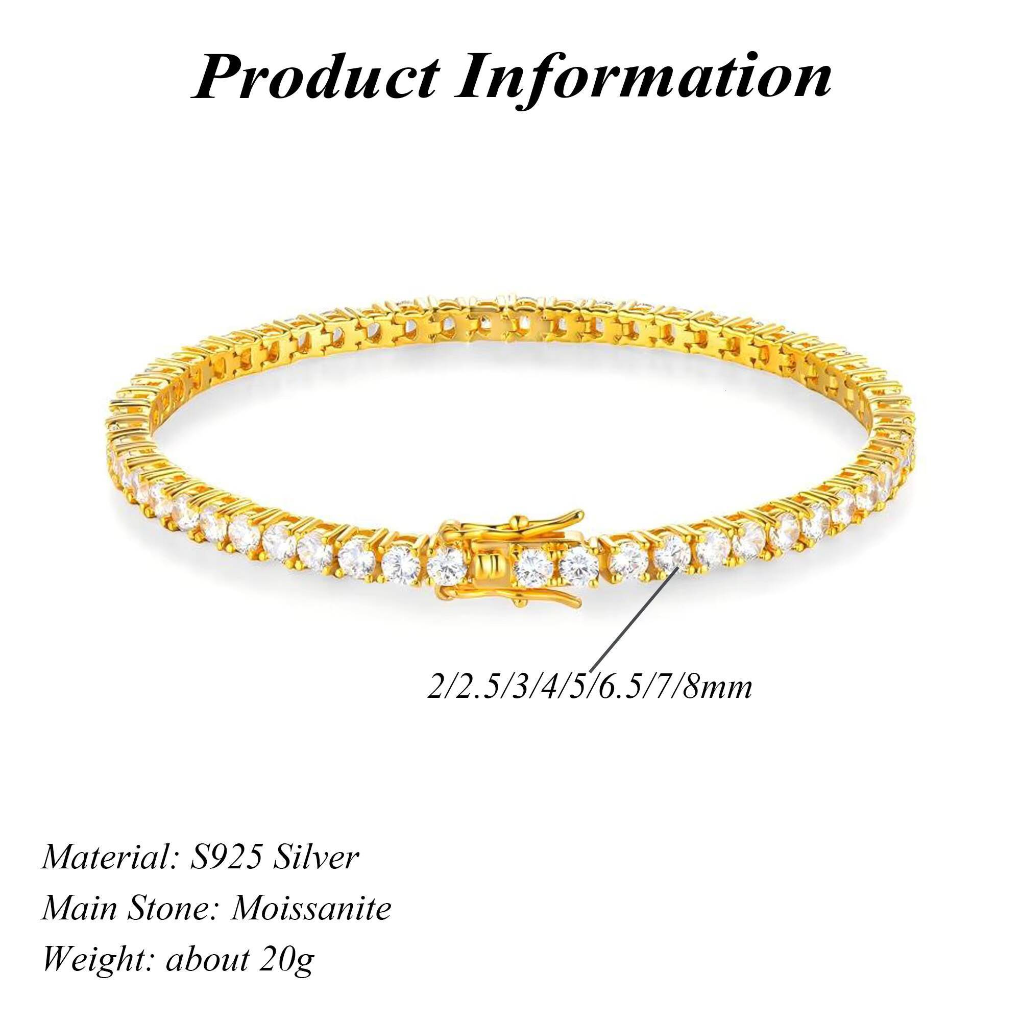 Luxury 2-8mm Moissanite Jewelry Rhodium/Rose/18K Gold Plated 925 Silver VVS Moissanite Tennis Bracelet Hip Hop Jewelry Bracelet