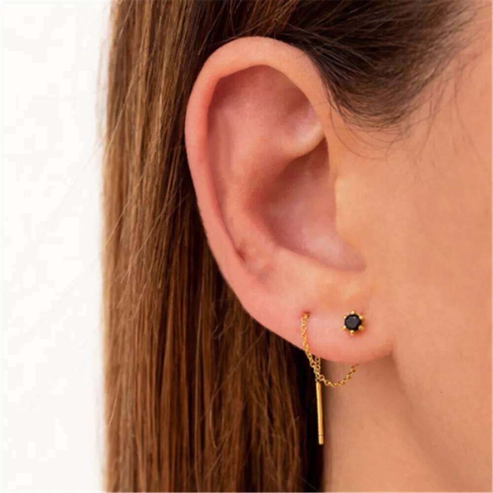 Aide 925 Sterling Silver Long Tassels Chain Black Zircon Piercing Stud Earring For Women Luxury Gold Pendientes Dangling Jewelry