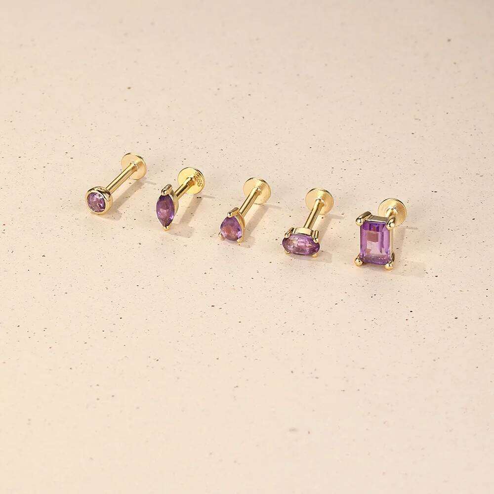 Aide Plata 925 Sterling Silver 1 Piece Natural Amethyst Piercing Earrings Flat Head Threaded Puncture Ear Bone Studs Jewelry
