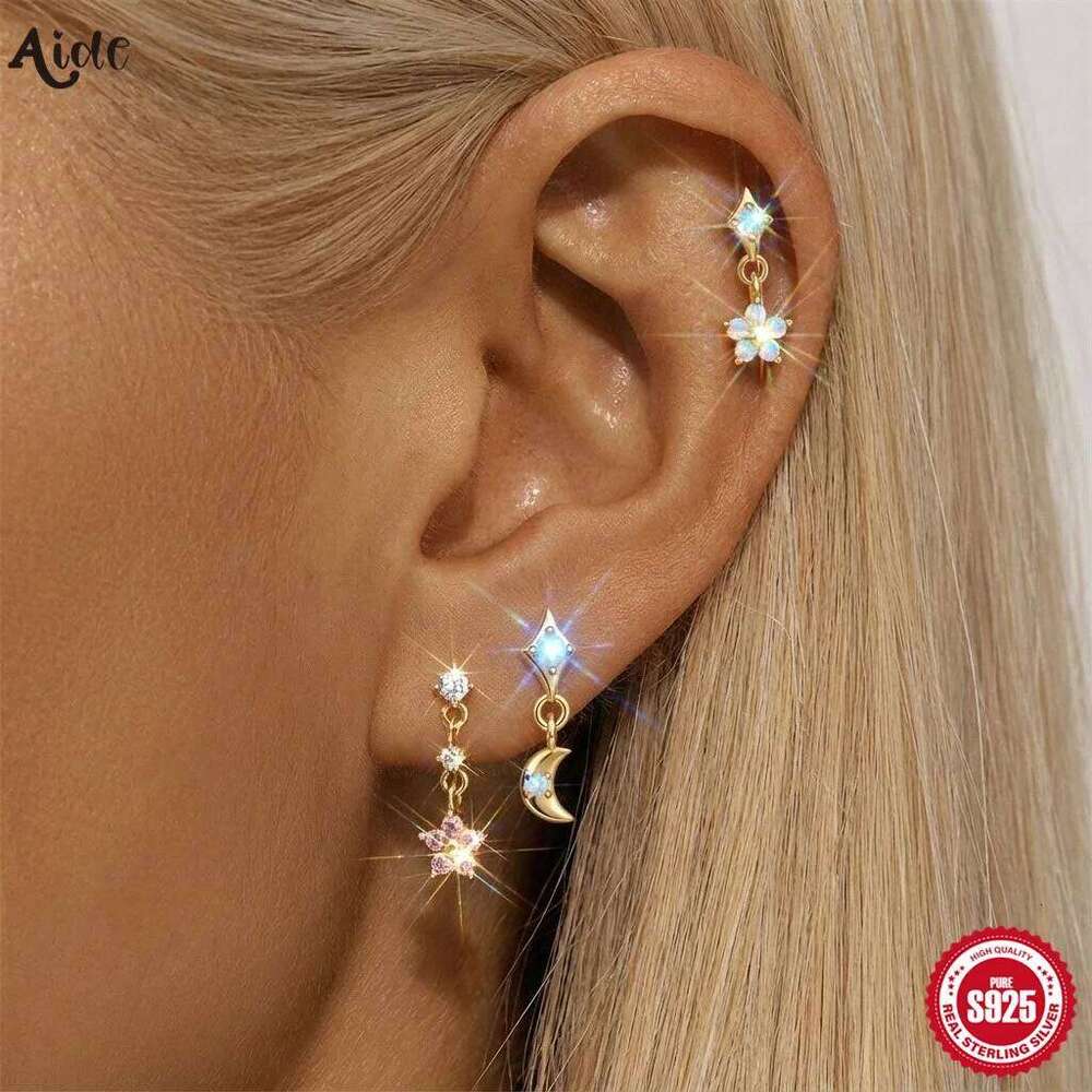 Aide 925 Sterling Silver Opal Star Moon Earring Zirconia Helix Cartilage Piercing Jewelry for Women Conch Tragus Dangle Studs