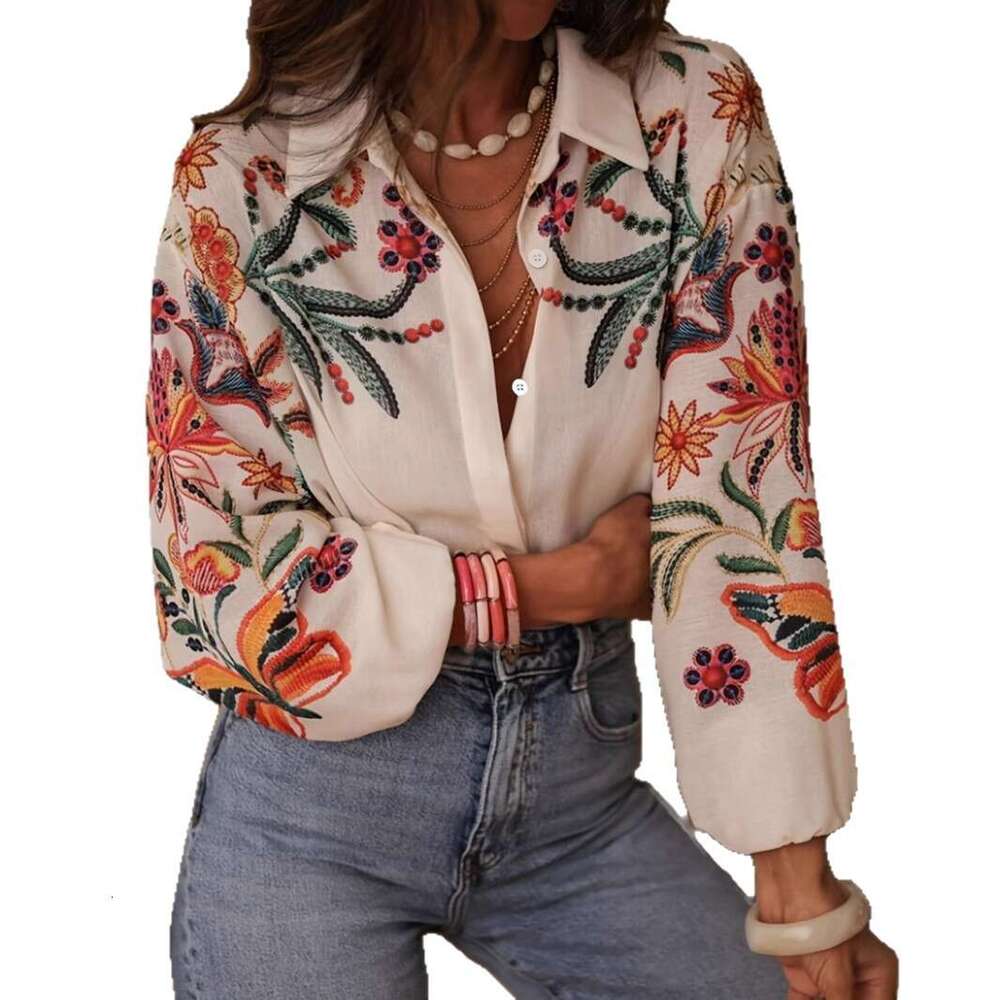 2025 Spring Summer New Loose Long Sleeve Digital Print Shirt Top for Women from Europe and America