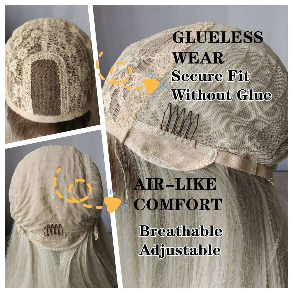 Water Wave Front Wigs with Full Bangs Light Beige Blonde Synthetic Hair Dark Roots Top Fringe Golden Invisible Lace Wig