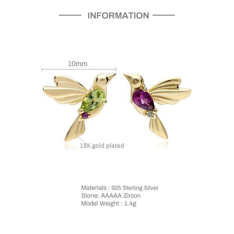 Aide 925 Sterling Silver Green Purple Cubic Zirconia Bird Stud For Women Vintage 18K Gold Plated Mismatched Earrings