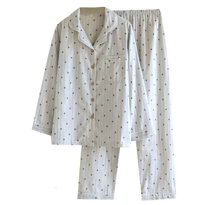 Spring and Autumn Womens Pajama Set 100 Cotton Gauze Vertical Strip Love Long Sleeve Two piece Home Clothing 251231