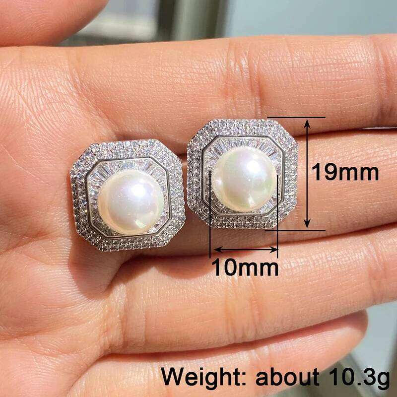 Huitan Gorgeous Square Shaped Stud Earrings with Imitation Pearl Full Sparkling Cubic Zircon Wedding Party Luxury Trendy Jewelry
