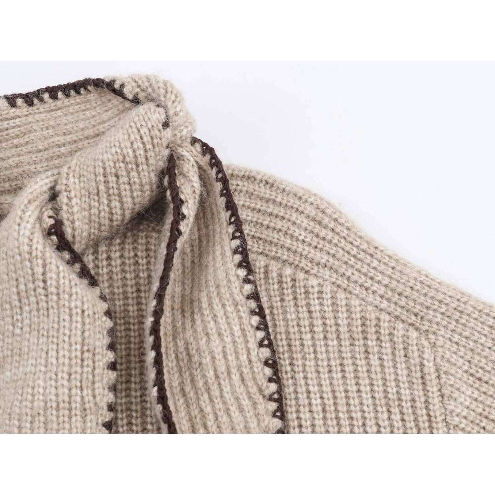 Winter New Sweet And Fashionable Stand Up Collar Long Sleeve Bow Decoration Knitted Sweater For Women