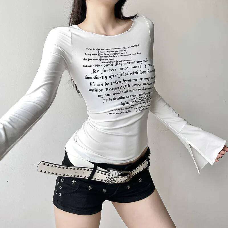 Y2K women's round neck slim fit top, street style printed letter slit flared sleeve T-shirt top