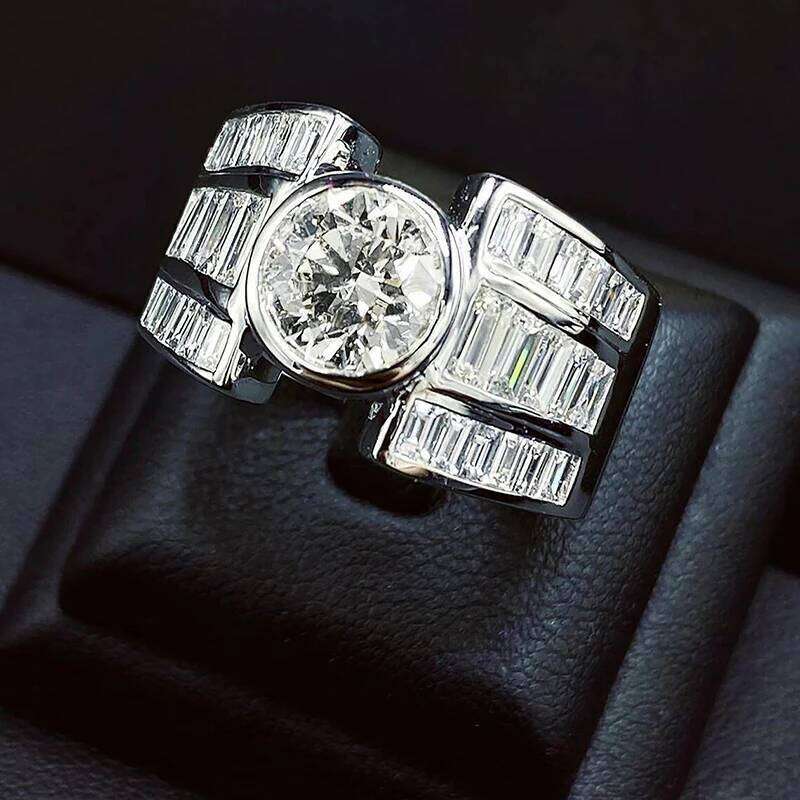 Huitan Gorgeous Women Rings with Brilliant Geometric Cubic Zircon Wide Band Luxury Trendy Wedding Party Fashionable Girl Jewelry