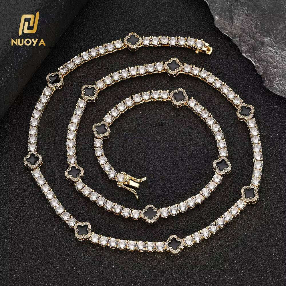 NUOYA Fashion Hiphop Jewelry Four-leaf Clover Tennis Choker Women White Gold Iced Out Cubic VVS Moissanite Chain Necklace