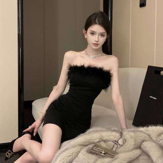 Thai Style New Celebrity Bodycon Sexy Furry Tube Top Elegant Slimming High-end Short Dress for Women