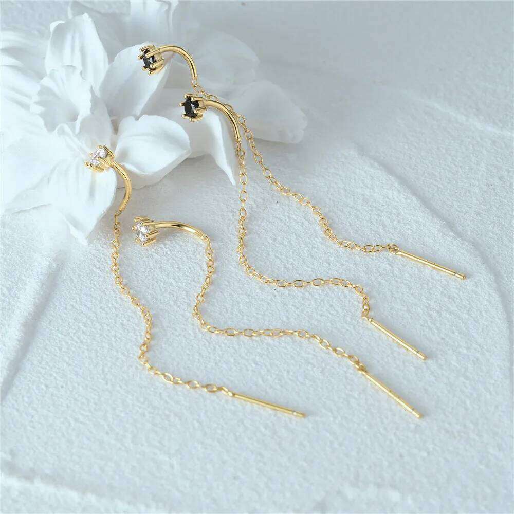 Aide 925 Sterling Silver Long Tassels Chain Black Zircon Piercing Stud Earring For Women Luxury Gold Pendientes Dangling Jewelry
