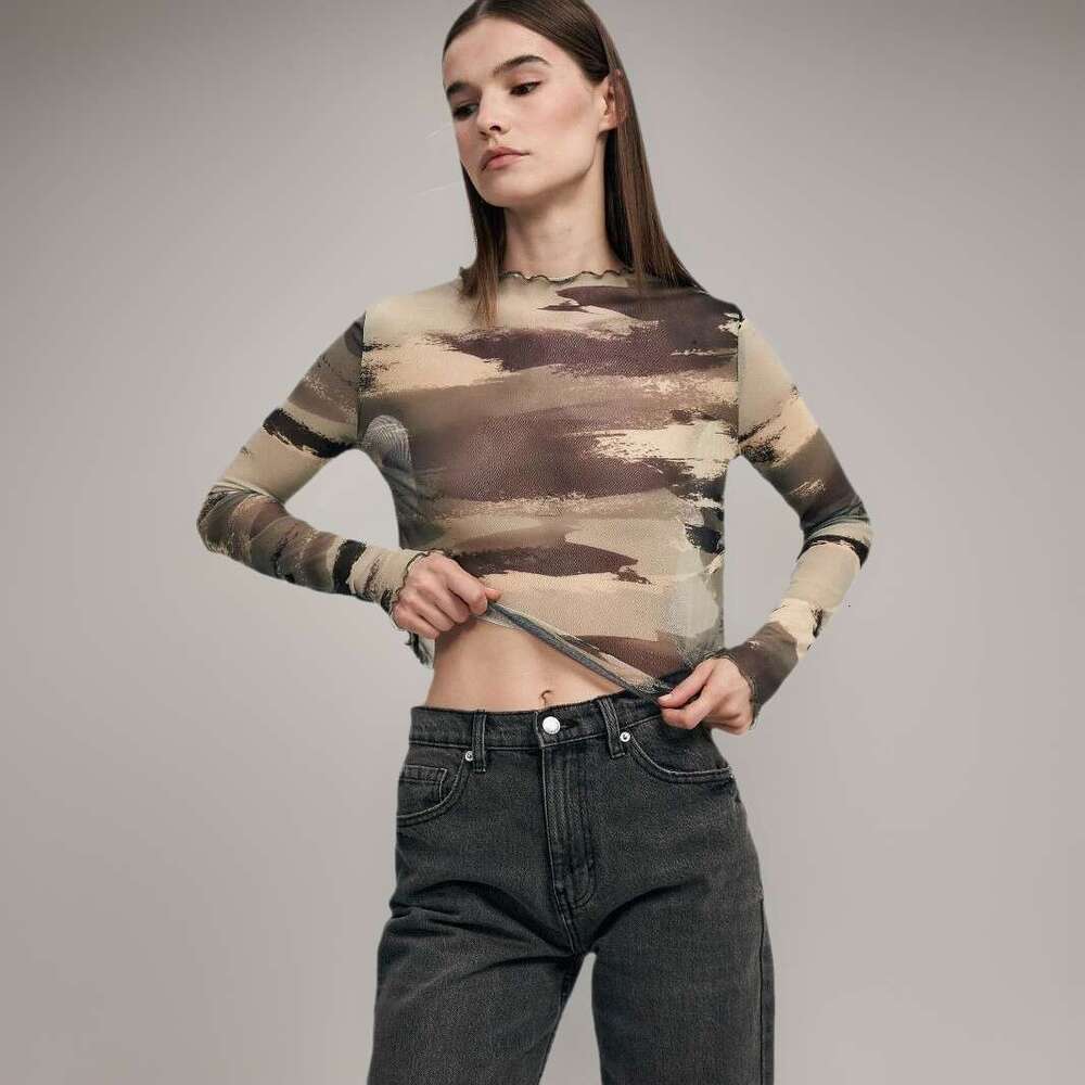 S32280 European and American Cross-Border New Women's Sexy Leopard Print Mesh Printed Tight-Fitting T-Shirt Top for Women