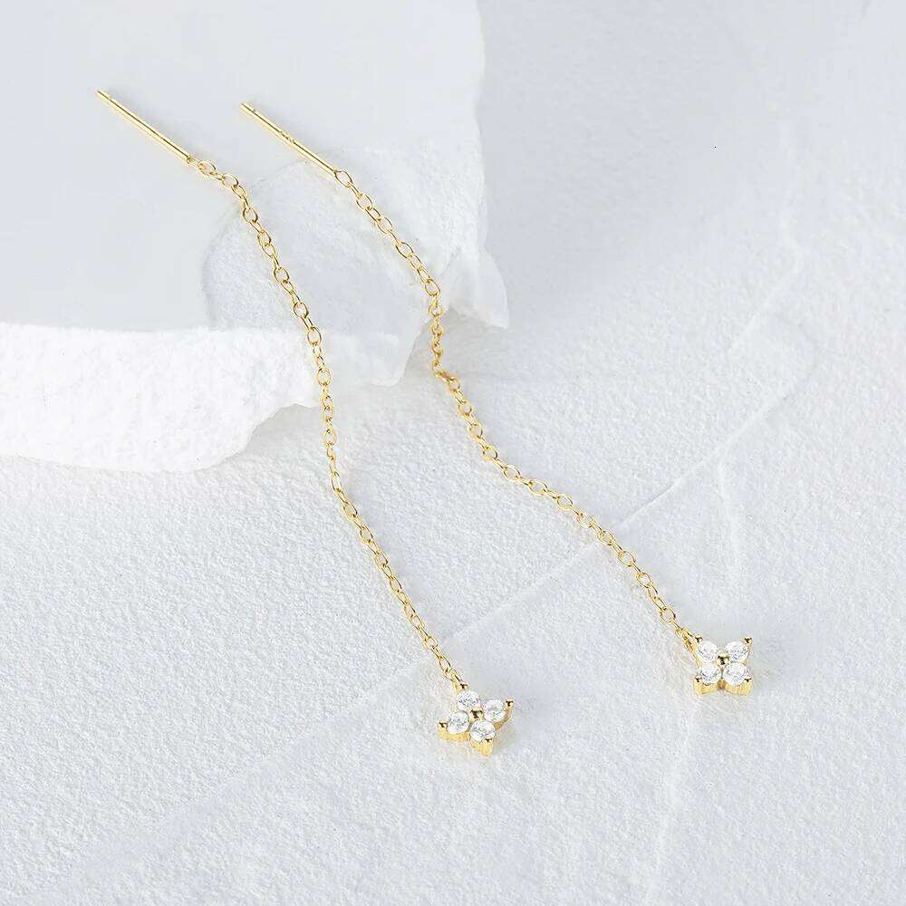 Aide Long Chain Tassel Four-leaf Zircon 925 Sterling Silver Drop For Women Minimalist 18K Gold Earrings Fine Jewelry