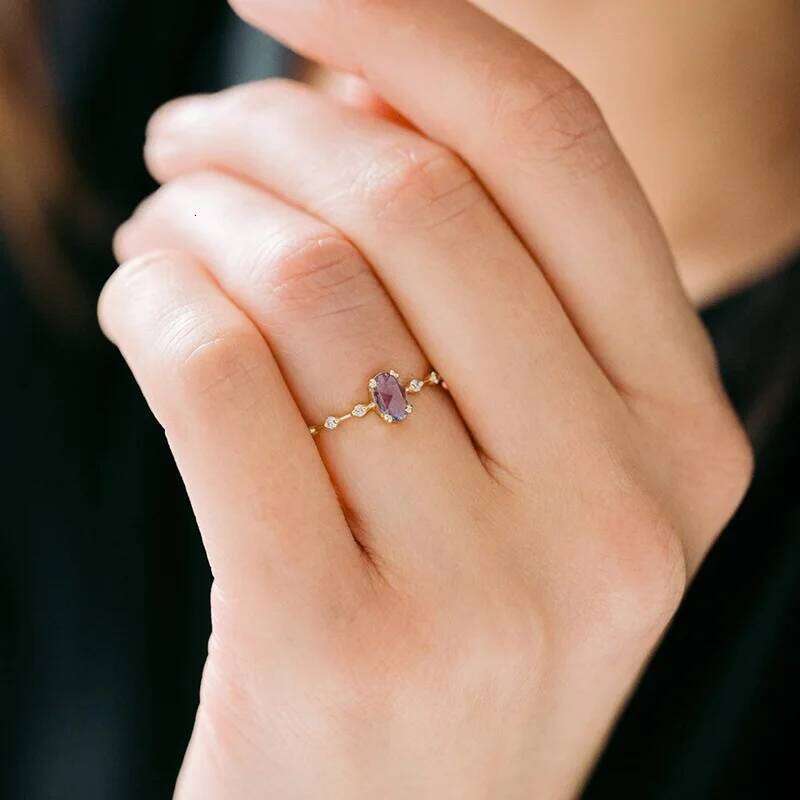 Aide 925 Sterling Silver Romantic Purple Oval Zircon For Women Thin Slim Stackable Wedding Rings Anniversary Gift