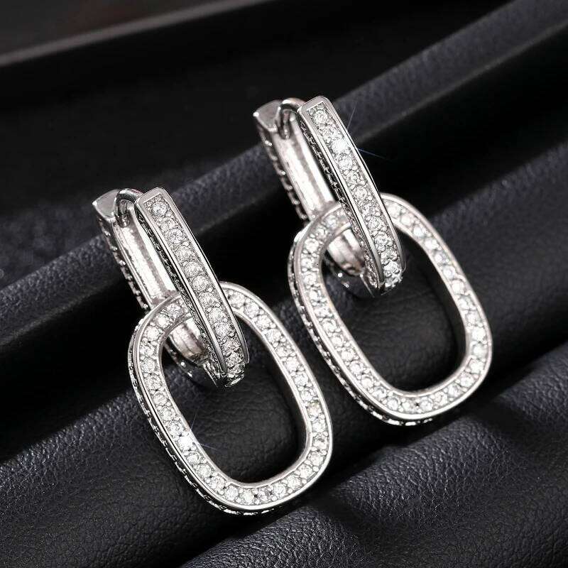 Huitan Geometric Oval Double Hoop Drop Earrings Lady Modern Fashion Jewelry with Bright Zirconia Trendy Accessories Gift