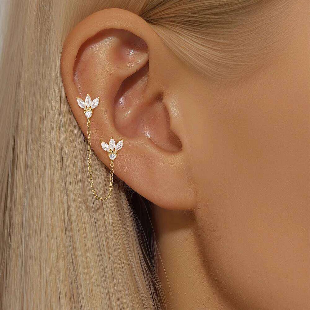 Aide 1 Pair 925 Sterling Silver Retro Turquoise Zircon Evil Eye Earrings For Women Two Studs Chain Cartilage Piercing Jewelry