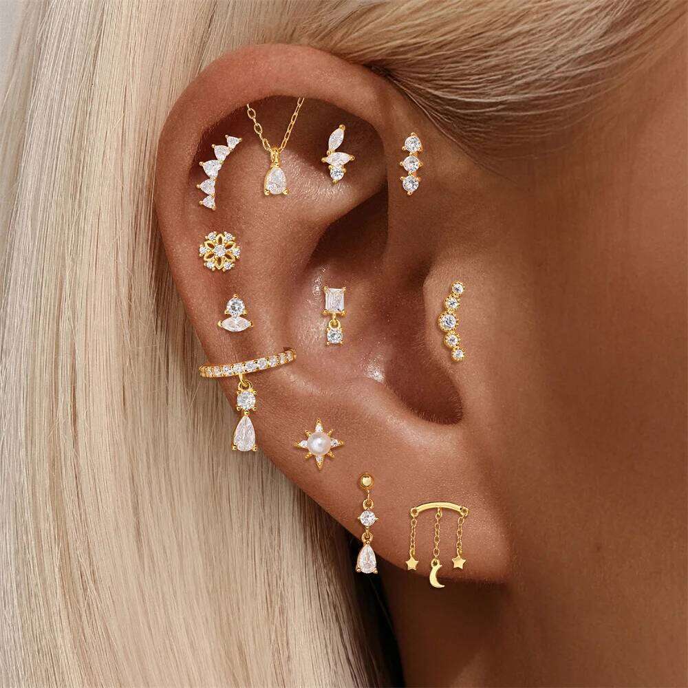 Aide 925 Sterling Silver Golden Zircon Cartilage Stud Earring Multiple Styles Helix Tragus Conch Piercing DIY Jewelry for Women