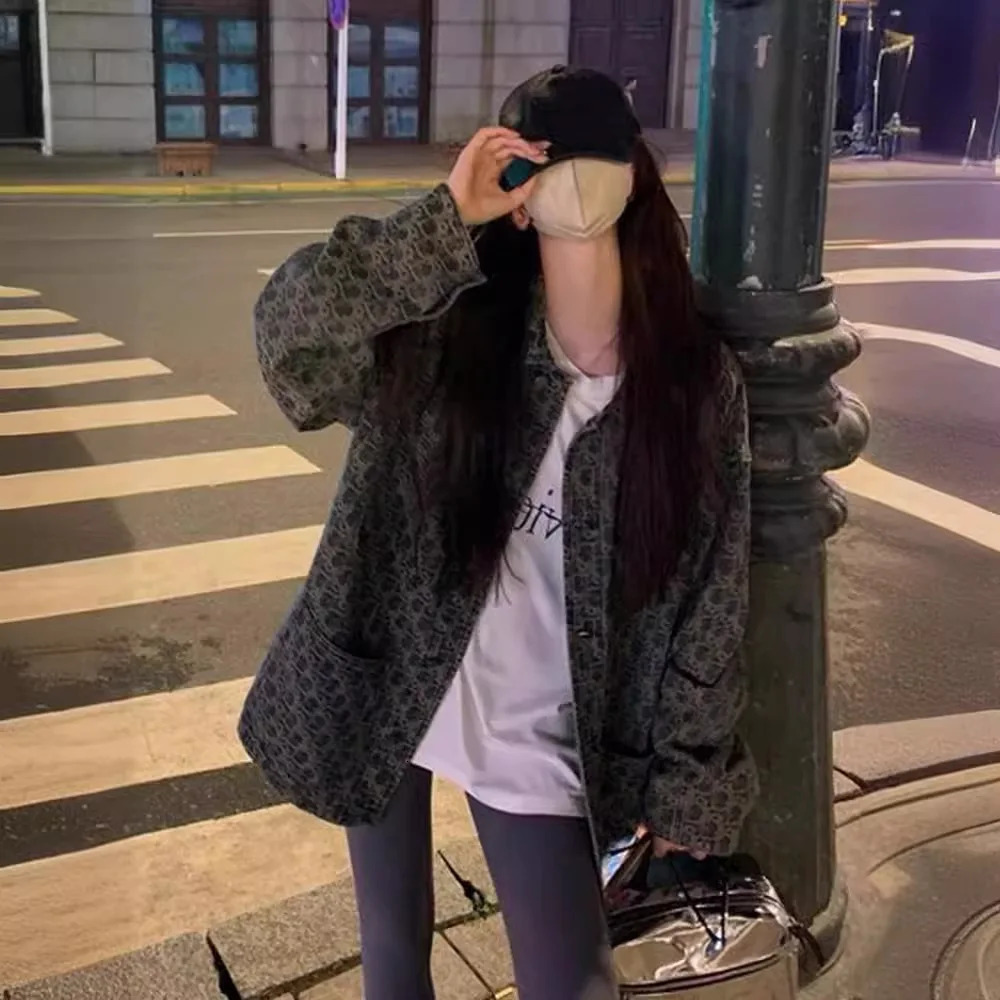 Women Denim Coats Print Single Breasted Coat Casual Turn Down Collar Y2k Streetwear Jackets Splice Jacket Vintage Spring 251231