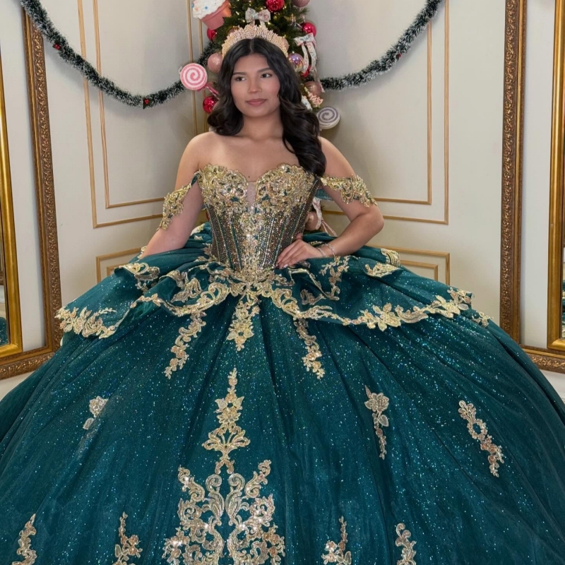 Dark Green Shiny Quinceanera Dresses Off Shoulder Ball Gown Sweet 16 Dress Gold Applique Lace Beading Crystal Bow Birthday Party Vestidos 15 De Anos