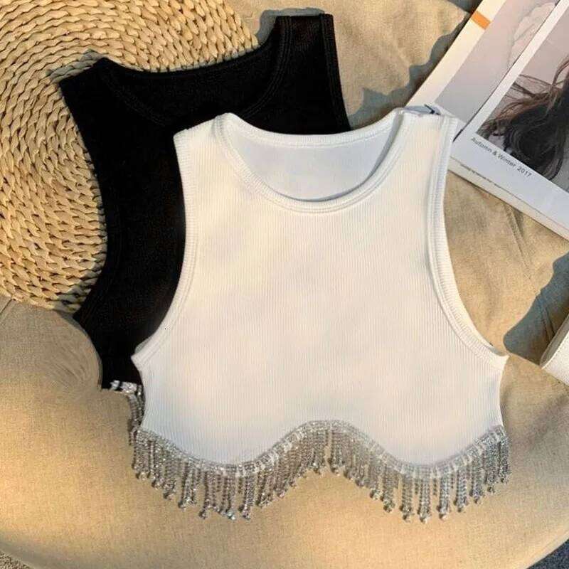 High Street Sexy Hem Tassel Diamond Beading Knitting T Shirt Chic Short Camis Tank Lady Slim Crop Vest Tops