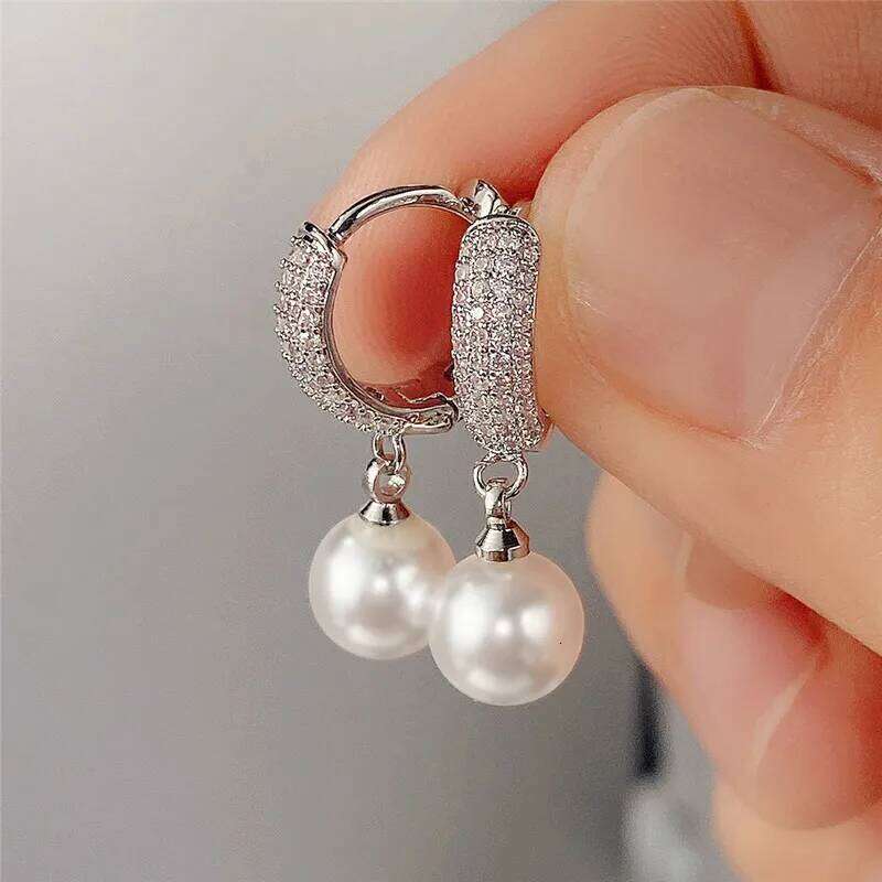 Huitan Fashion Hoop Earrings with Simulated Pearl Pendant for Women Inlay Shiny CZ Stone Luxury Engagement Wedding Trend Jewelry