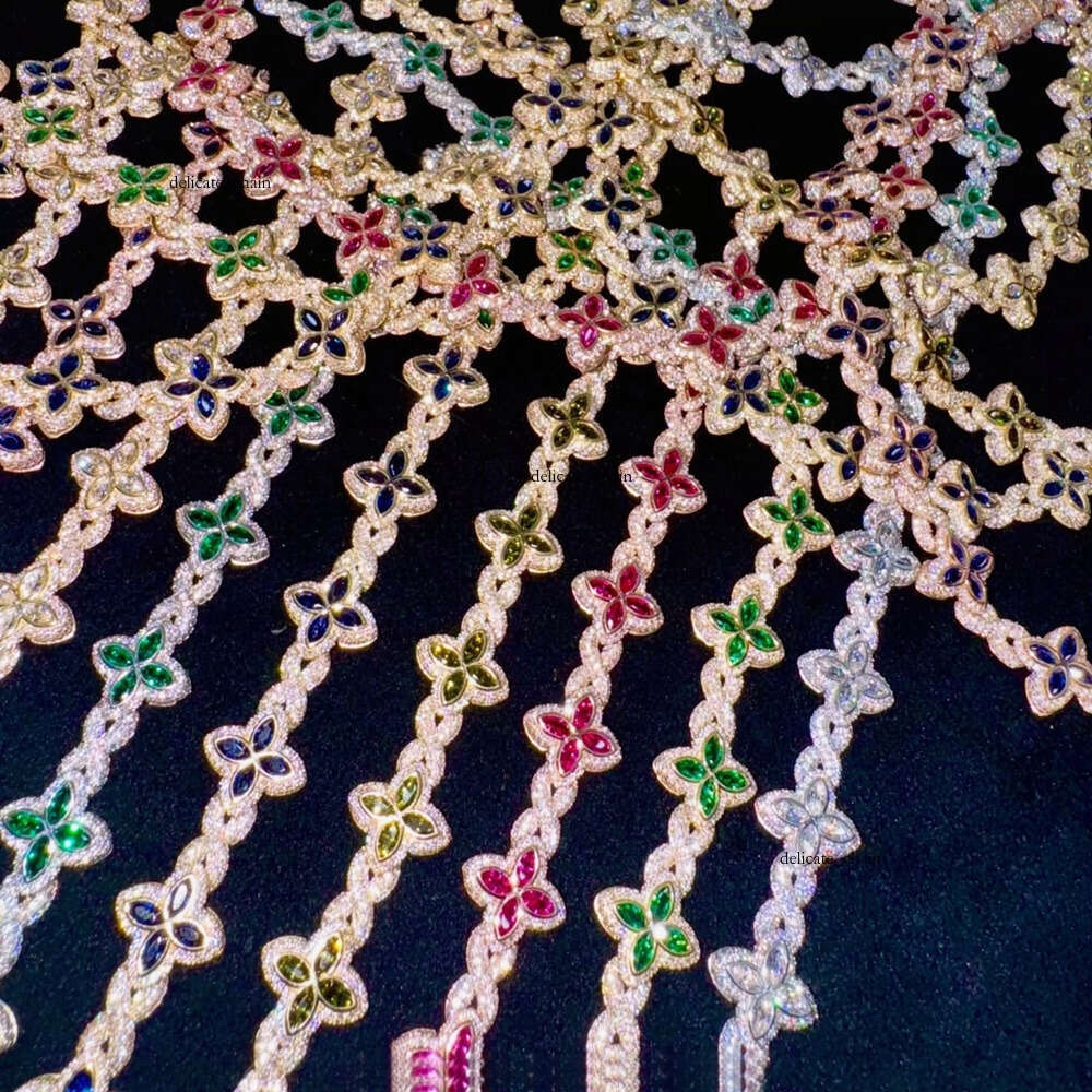 VVS Moissanite Hot Sale 15mm 925 Sterling Silver Clover Iced Hip Hop Infinity Colorful Mosaic Stone Cuban Bracelet