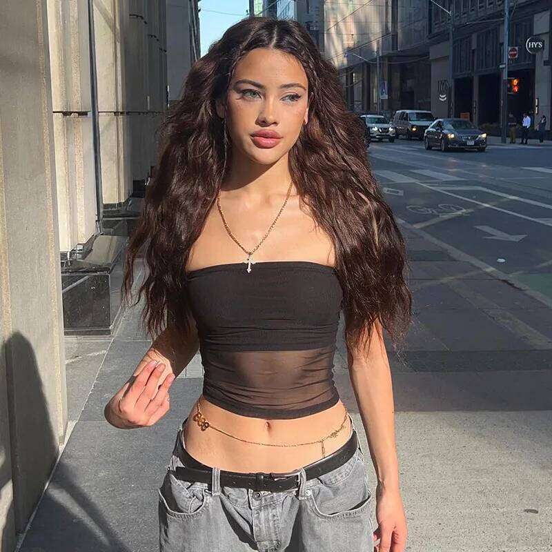 Mesh Corset Black Crop Women Patchwork Tube Top Sexy Sleeveless Off Shoulder Cami Summer Streetwear Slim Strapless Tank Tops