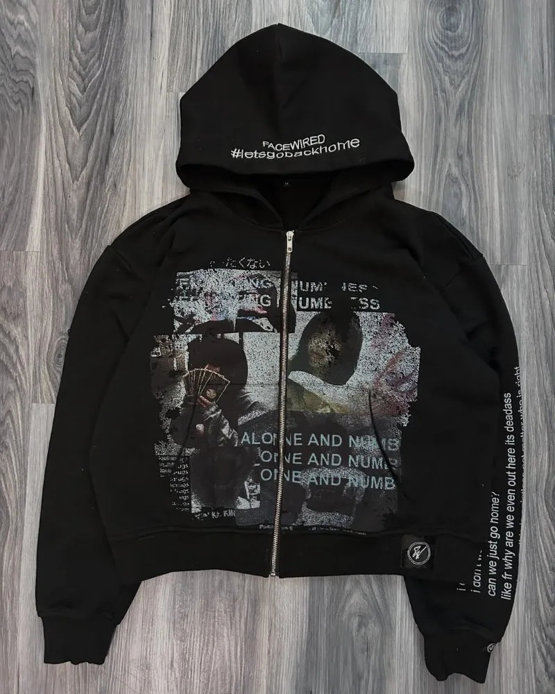 Vintage Streetwear Y2K Harajuku Gothic Punk Letter Print Zipper Hoodie Women Trendy High Street Casual Oversized Sweatshirt Men 251224