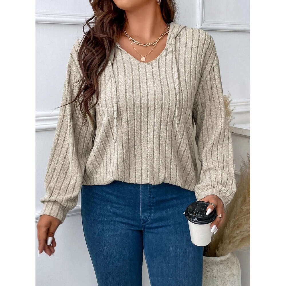 2026 Autumn Winter New Solid Color Plus Size Women's Top V-Neck Hooded Long Sleeve Ribbed Brushed T-Shirt Loose Fit